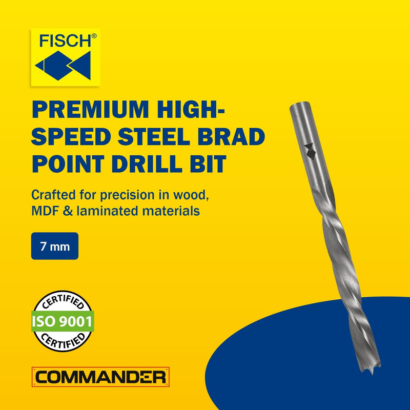 Fisch HSS Double Flute Brad Point Ground Wood Drill Bits, 7mm Inch, Wood Drill Bit, Precision Drilling for Woodworking, Compatible with Standard Drills, DIY & Professional 7mm x 110mm