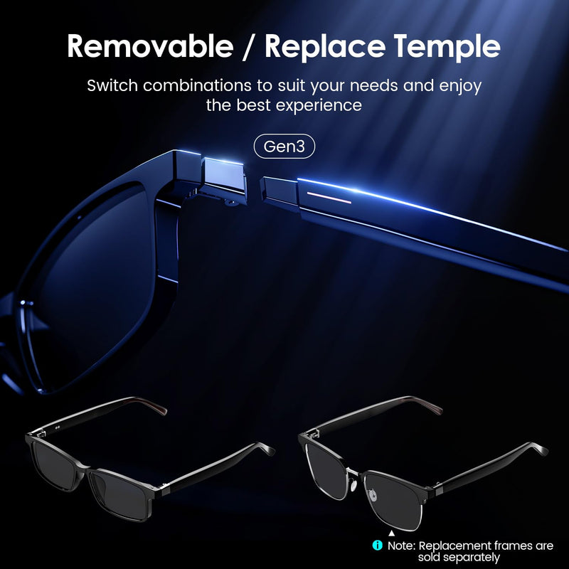 Gen3 Smart Translation Glasses – Bluetooth Glasses with Dual Temples (Bluetooth+Standard), Real-Time AI Interpreter, Touch Control, Voice Assistant – Lightweight for Travel, Work, Business Black Gen3 Glasses Set