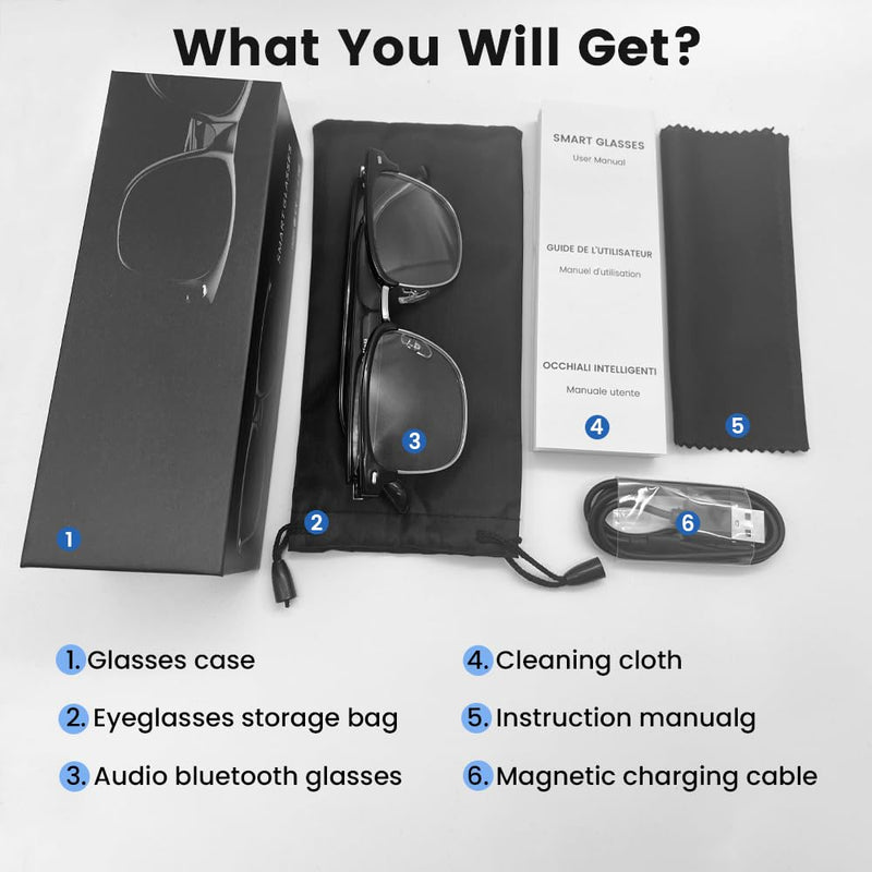 Smart Bluetooth Glasses,for Men & Women, Touch Control, Outdoor UV Protection and Voice Control, Hands-Free Calls (E1306-Black Transparent) E1306-Black transparent