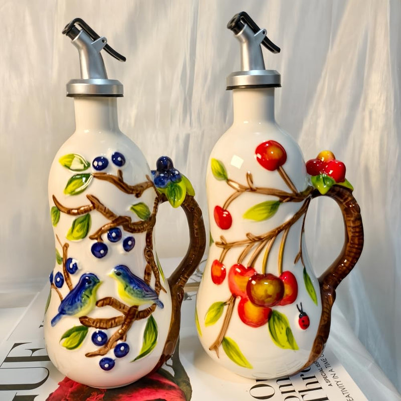 18.26oz/540ml Ceramic Olive Oil Dispenser Bottle,Hand Painted Reliefs Oil Dispenser for Kitchen,Oil Bottles for Kitchen (Blueberry) Blueberry