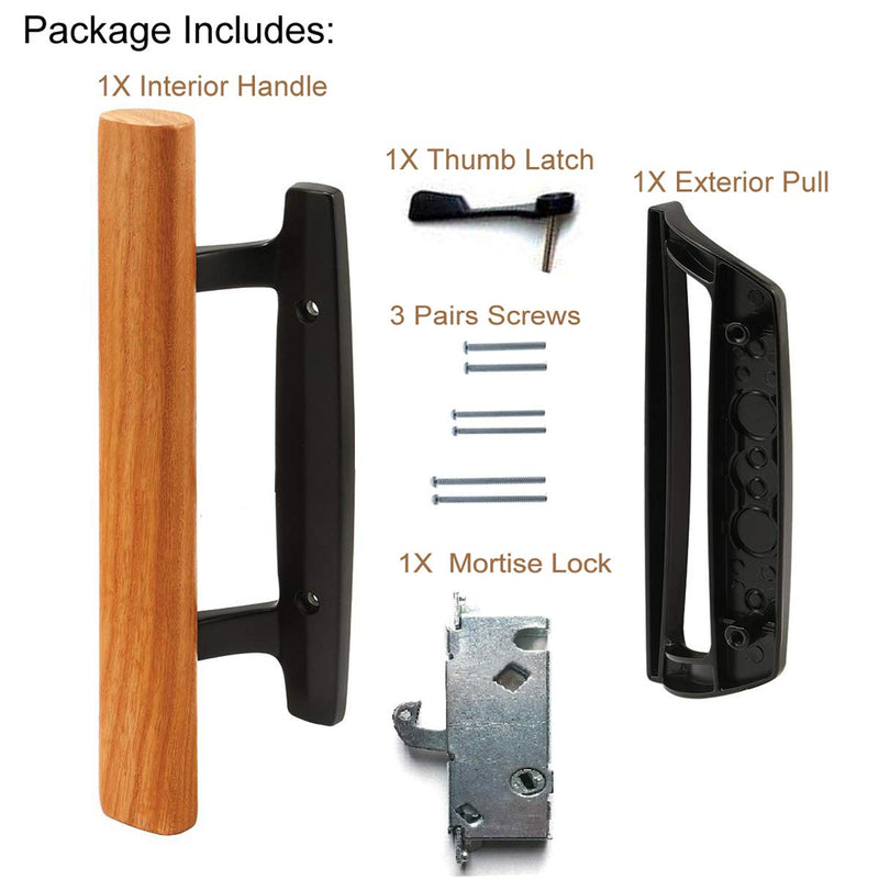 HauSun Sliding Glass Patio Door Handle Set Oak Wood Interior Handle and Exterior Pull in White Diecast Finish+Mortise Lock 45° Keyway Fits 3-15/16” Screw Hole Spacing, Non-keyed with Latch Locks Black