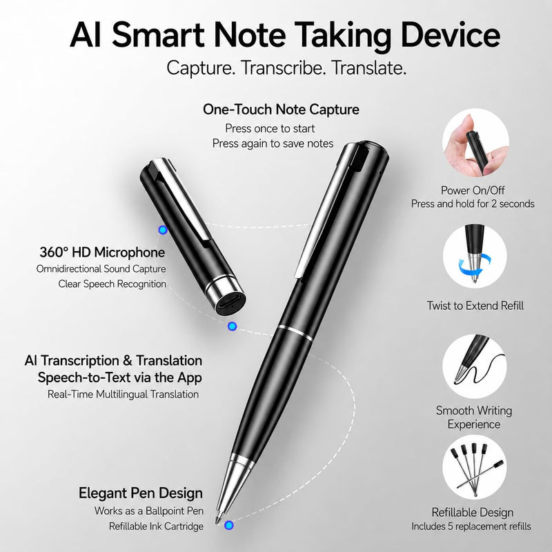 SKARA AI Voice Recorder with Real-Time Transcription, AI Summary & Mind Map, AI Note Taking Device Supports 150 Languages, Smart Digital Voice Recorder for Meetings, Lectures & Interviews Black