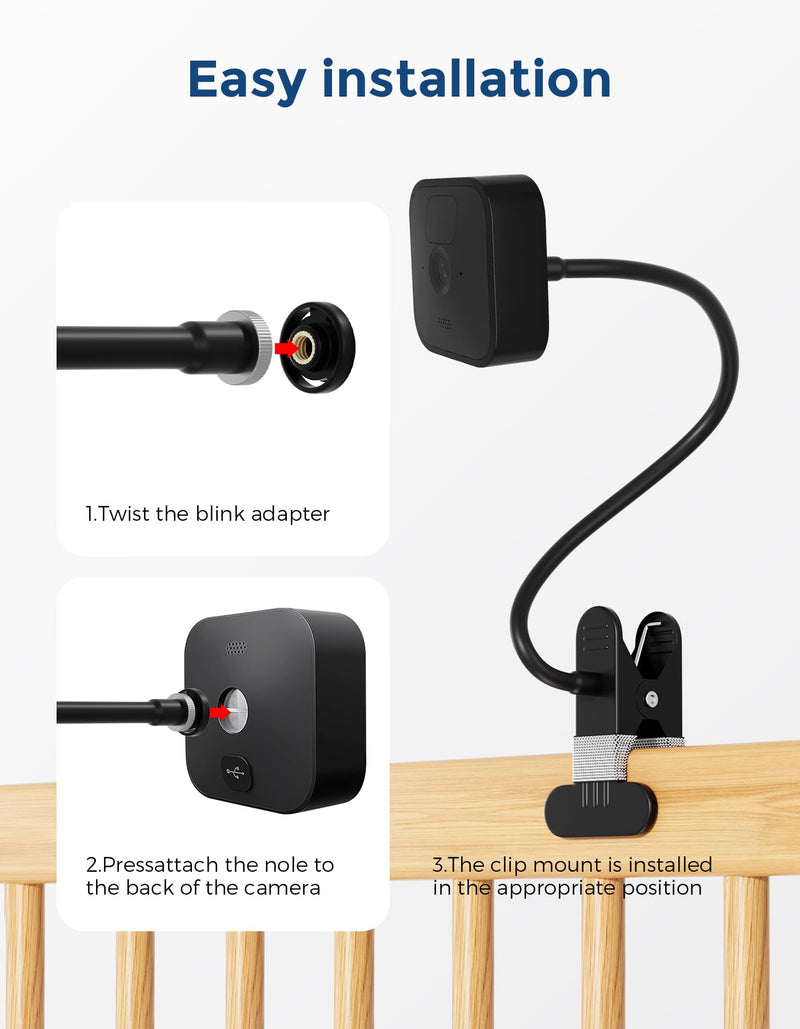 Universal No-Drill Camera Clip Mount for Ring, Blink, Eufy, Google Nest, Wyze & Arlo Cameras, 40cm Adjustable Gooseneck Clamp Stand for Indoor Outdoor Security Cameras (1 Pack, Black) Long Arm