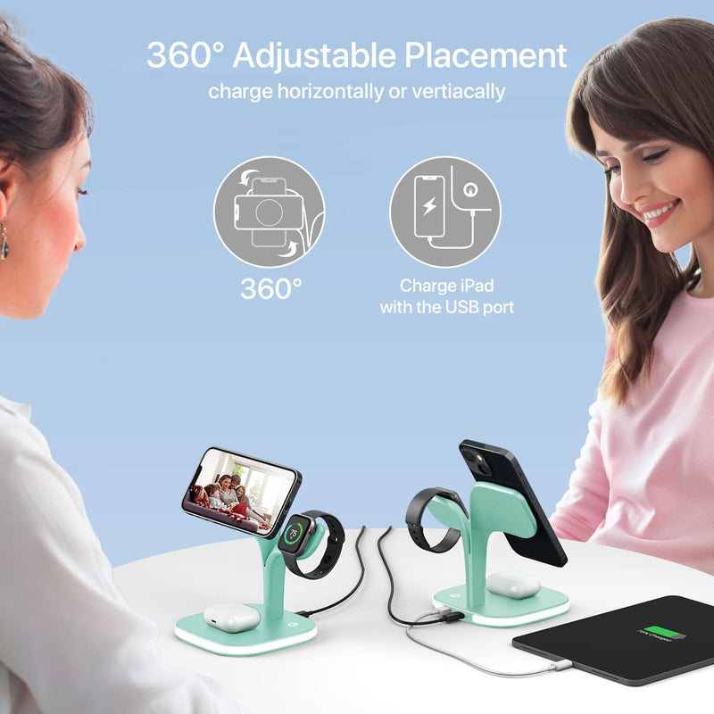 EXW Charging Station, Magnetic Wireless Charger,5 in 1 Fast Mag-Safe Wireless Charger Stand for iPhone 17/Air/16/15/14/13/12 Pro/Max/Mini/Plus, Apple Watch 10/9/ 8/7/6/SE/5/4/3/2 and Airpods 3/2/Pro Green