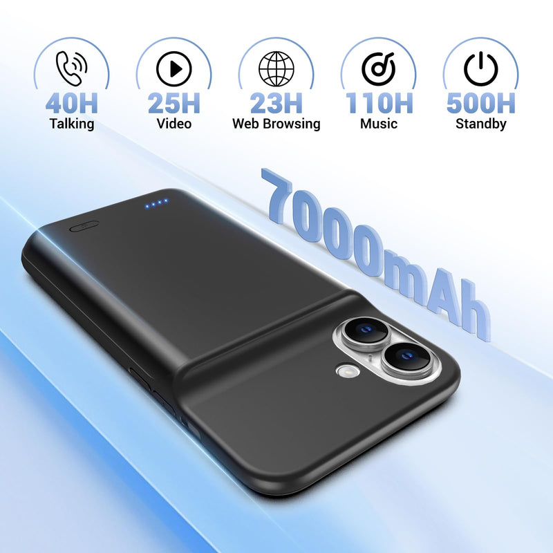 Battery Case for iPhone 16, [2026 Upgraded] 7000mAh Ultra-Slim Portable Charging Case Rechargeable Extended Battery Pack with Tempered Glass Screen Protectorfor iPhone 16 (6.1inch), Black for iPhone 16 (6.1inch)