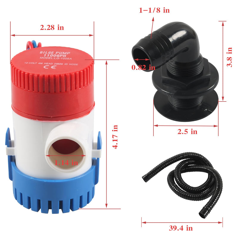 12v 1100 Gallons/Hour Marine Bilge Pump Kit, Includes 1-1/8" Diameter Bilge Pump, 6.5' Hose, 2 Stainless Steel Hose Clamps, And Hull Penetration Fitting. Suitable for Fishing Boats, Speedboa