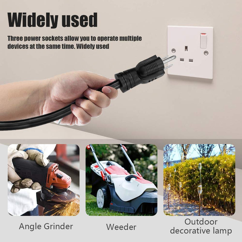 10FT 12/3 Outdoor Extension Cord, Heavy Duty 3-Outlet SJTW Indoor/Outdoor Three-Prong Power-Cord 12-Gauge Grounded 15-Amp 1875 Watts 10 FT