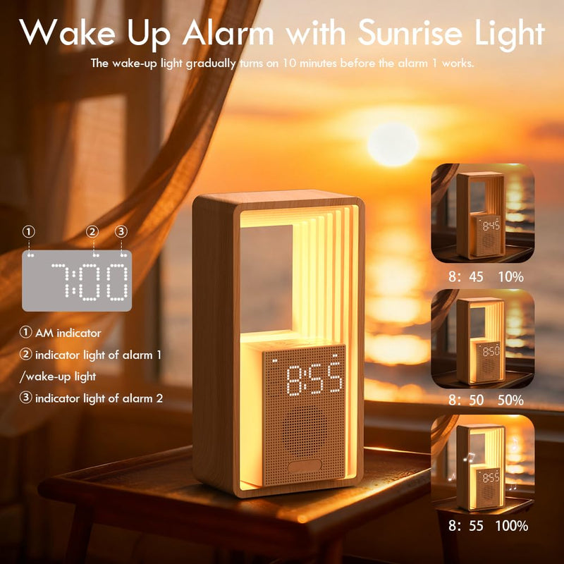 WILIT Digital Alarm Clock, Sunrise Alarm Clock with Nightlight, 9 Sleep Aid Sounds, White Noise Sounds Machine, Dimmable Display,USB Charging Port,Wood Grain Imitation,Gift for Women,Men,Travel Wood Grain