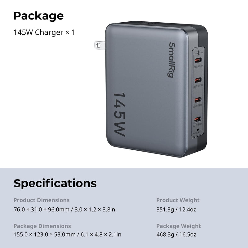 SmallRig 145W USB-C Charger, 4-Port PD3.1 GaN Fast Charger for MacBook Pro/Air PPS Wall Charger for iPhone 15, Galaxy S24/S23, Power Adapter for iPad, V-Mount Battery, Laptop, Camera - 4747