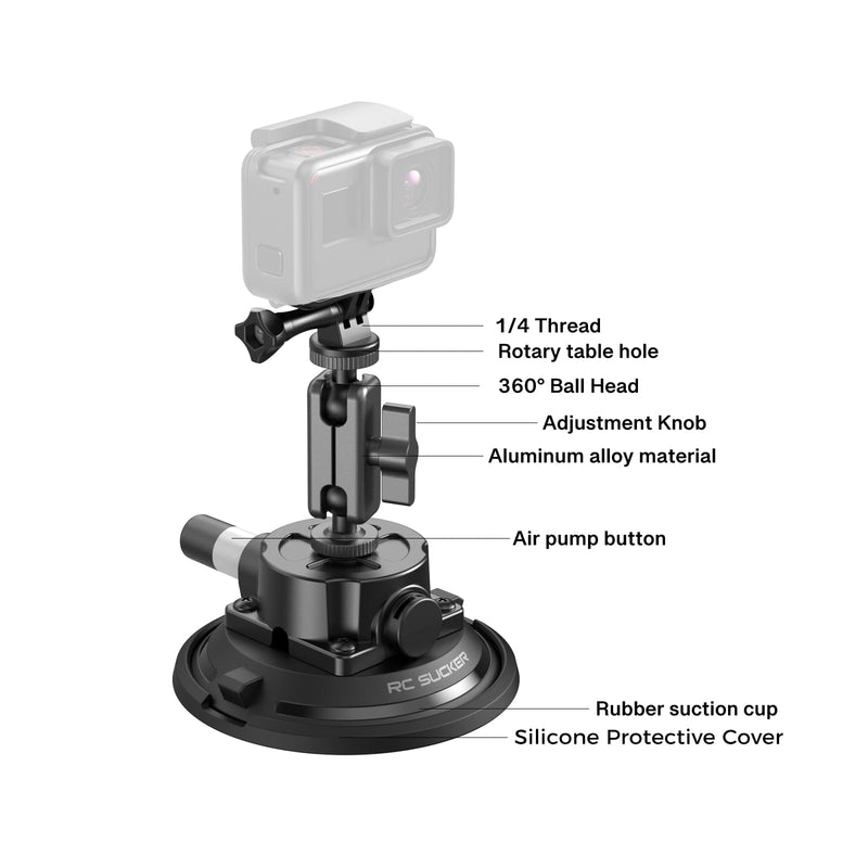 4.5 Inch Vacuum Suction Cup Camera Mount, Car Windshield Holder with Ball Head Magic Arm, 1/4" Thread for Mirrorless, Action Cam & Phone – on Car Windshield, Glass, Tile, Roof 4.5"