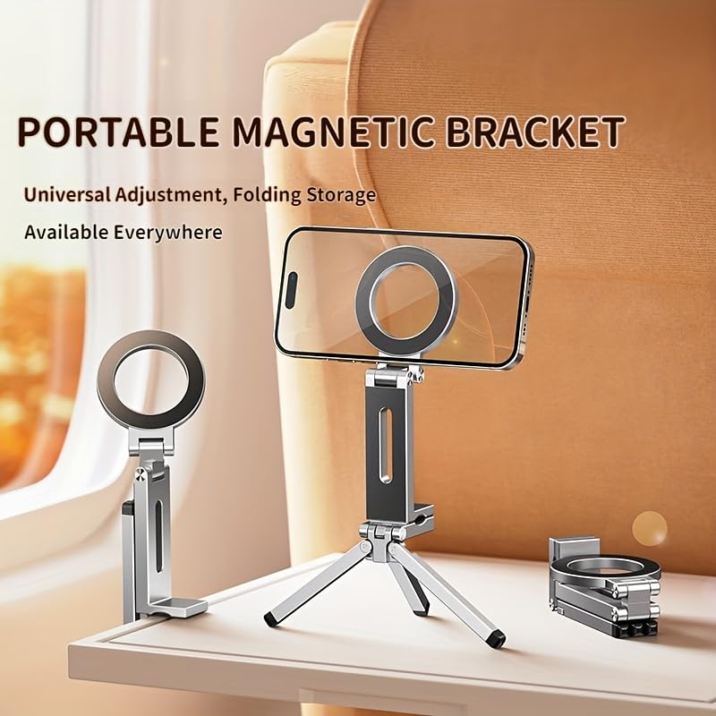 Magnetic Tripod for iPhone 17/16/15/14/13/12 Plus Pro Max Series,Aluminium Mini Magnetic Phone Tripod for iPhone,360° Adjustable Magic Clip Folding Magnetic Phone Stand,1/4" Screw (Grey) Grey