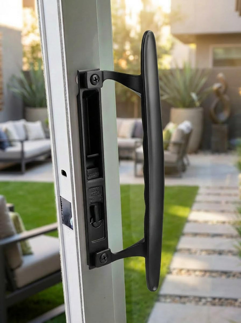 Keyed Sliding Patio Door Handle Set, Black Diecast Replacement Handle with Hook Lock, Fits 1" to 1-1/8" Thick Sliding Glass Doors, 6-5/8" Hole Spacing, Non-Handed Reversible Design 6-5/8" H.C Keyed