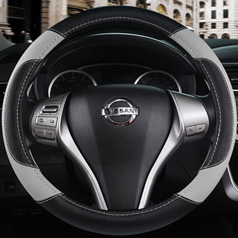 Leather Car Steering Wheel Cover, Non-Slip Car Wheel Cover Protector Breathable Microfiber Leather Universal Fit for Most Cars(Grey) Grey