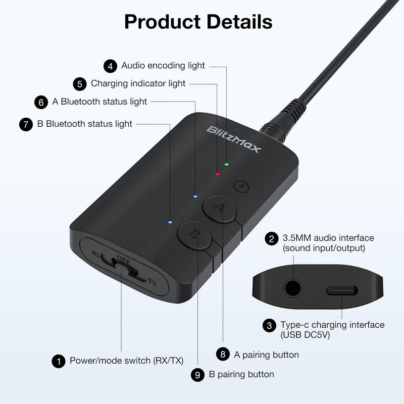 Bluetooth Transmitter Receiver 2-in-1, 5.3 Bluetooth Aux Adapter Aptx Low Latency, Portable Wireless Audio Adapter for Car/Headphones/Radio/TV Drak Black