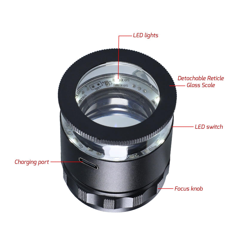 10X Rechargeable Jewelers Loupe Magnifier with LED Lights and 3 Reticle Scales, 25 mm Field of View, Adjustable Focus LED Scale Loupe Jewelry Magnifying Glass for Gems, Coins, Watch, Stamps, Plants