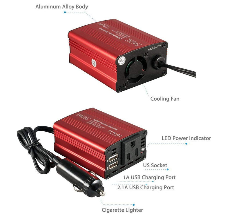FOVAL 150W Car Power Inverter 12V DC to 110V AC Converter Vehicle Adapter Plug Outlet with 3.1A Dual USB Car Charger for Laptop Computer (Classic Red) Classic Red