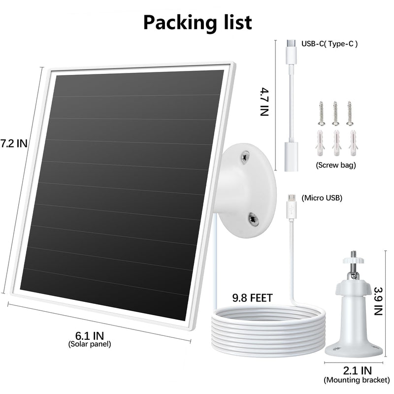 6W Solar Panel for Outdoor Security Camera with Micro USB & USB - C Port, Solar Panel Charger for Battery Camera，Fits Wyze/Reolink DC 5V Output, IP65/360° Adjustable, 9.8ft Cable, Fast Charging white-1Pack