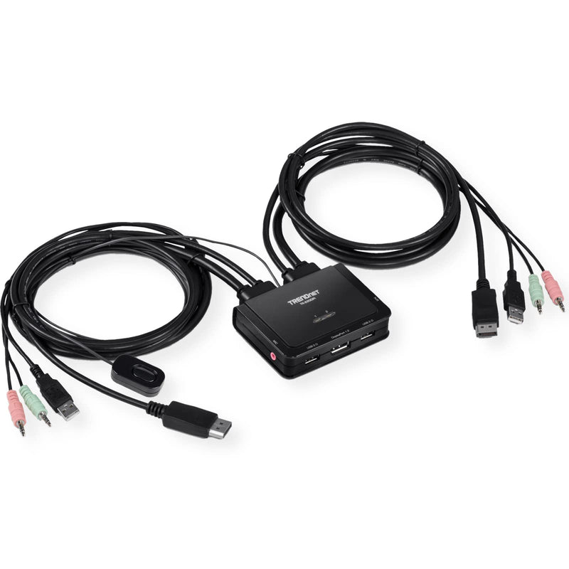 TRENDnet 2-Port 4K DisplayPort 1.2 KVM Switch with Audio, 4K UHD (3840 x 2160@60Hz), 3.5mm Speaker/Microphone, USB 2.0, Integrated Cables, Black, TK-220DPI 2-Port 4K DisplayPort KVM