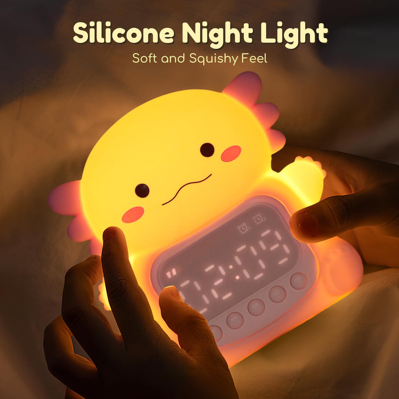 Yiliaw Axolotl Alarm Clock with Night Light for Kids, 7 RGB Color Cute Alarm Clocks for Bedrooms Ok to Wake Clocks, Silicone Animal Tabletop Lamp for Teen Girls Boys