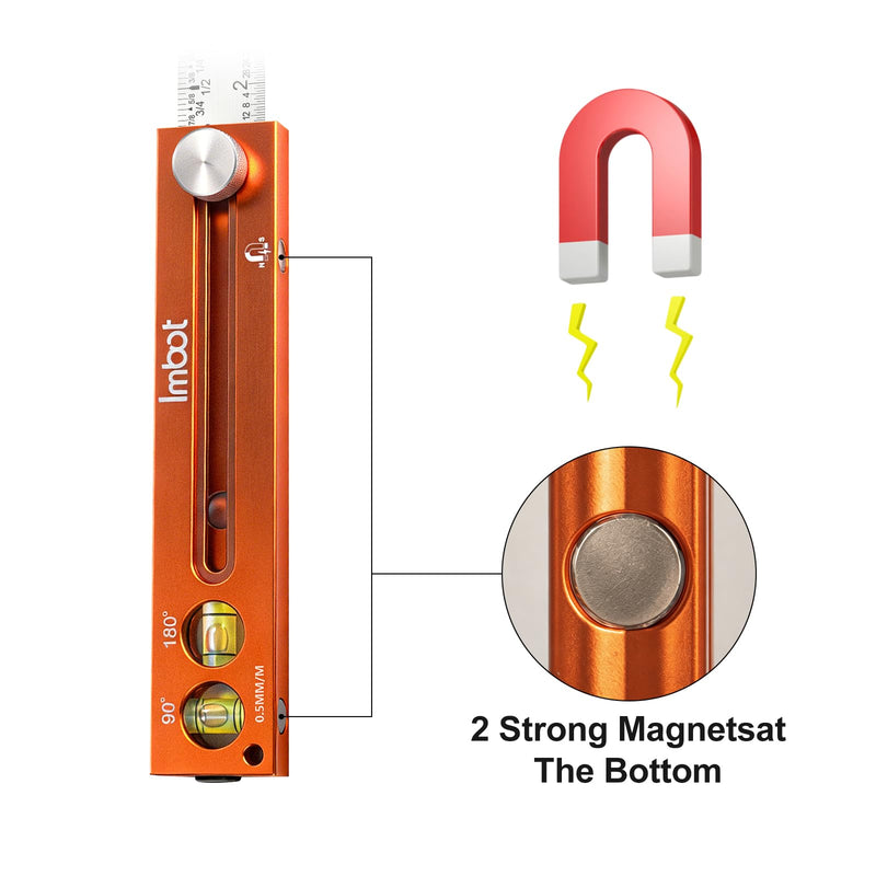 Imbot Adjustable Woodworking Leveling & Marking Ruler， 4-Inch Multi-Angle Tool With 90° And 180° Spirit Levels For Precise Carpentry, Scribing, Horizontal Alignment