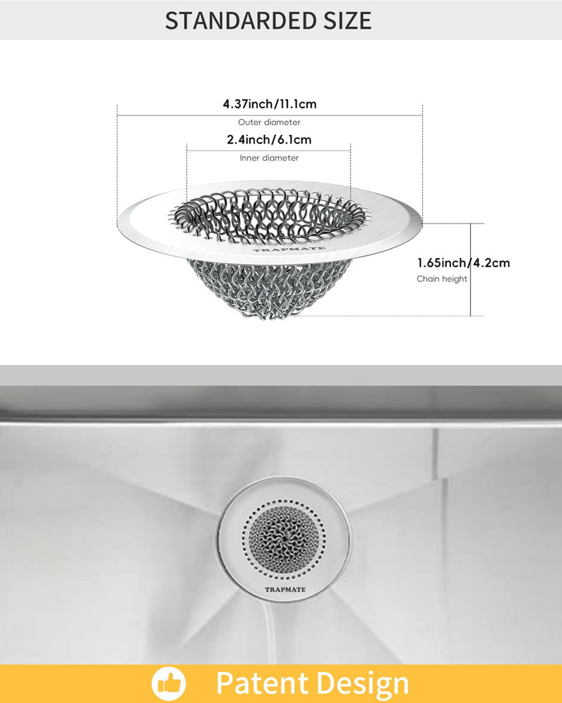 TRAPMATE 2 Pcs Kitchen Sink Drain Strainer, Stainless Steel Sink Strainer Basket with Easy Clean & Anti-Clog, Fits Garbage Disposal, Dishwasher Safe, Single & Double Bowl Sinks (Patented Product) Light Silver Silver