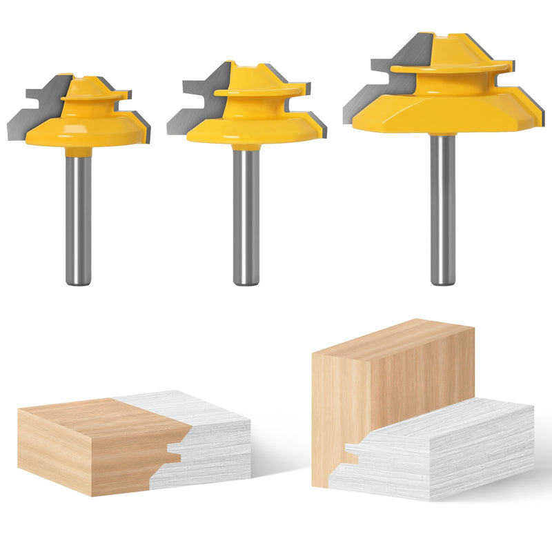 45 Degree Lock Miter Router Bit 3-Piece Set, for 1/2”, 5/8”, 3/4” Cutting Height.1/4 Inch Shank .Woodworking Tools Joint Router Bits Easy to Create Lock Miter Joint