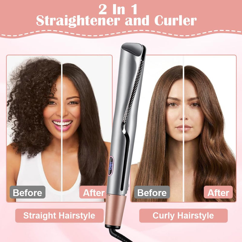 Aomig 2 in 1 Hair Straightener and Curler Fast Heating Curling Iron Home & Travel Curling Wand Mini Hair Curlers Hair Straighteners for Women 100-230°C for Straighten Curl All Hair Types(Dark Gray) Upgraded Direct-Plug Style-Dark Gray