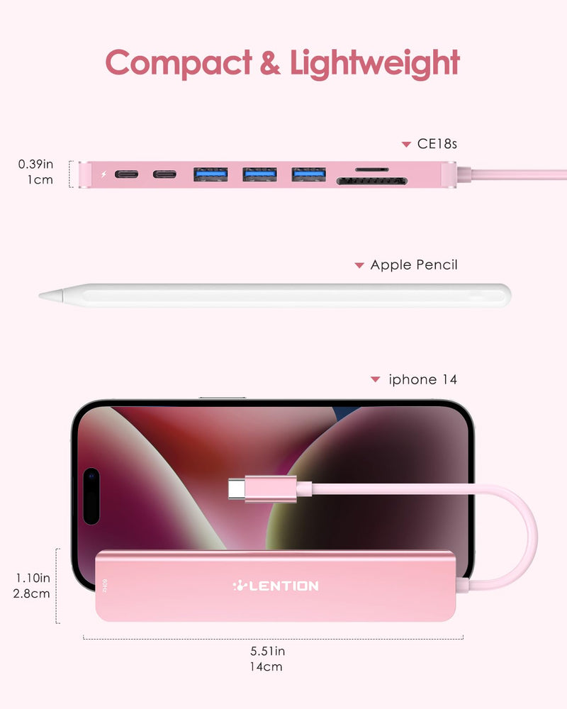 LENTION 8-in-1 USB-C Hub with 4K 60Hz HDMI, 100W Power Delivery, 5Gbps USB C Data, 3 USB 3.0 and microSD & SD Card Reader for 2023-2016 MacBook Pro, New Mac Air/Surface, More (CB-CE18s, Rose Gold)