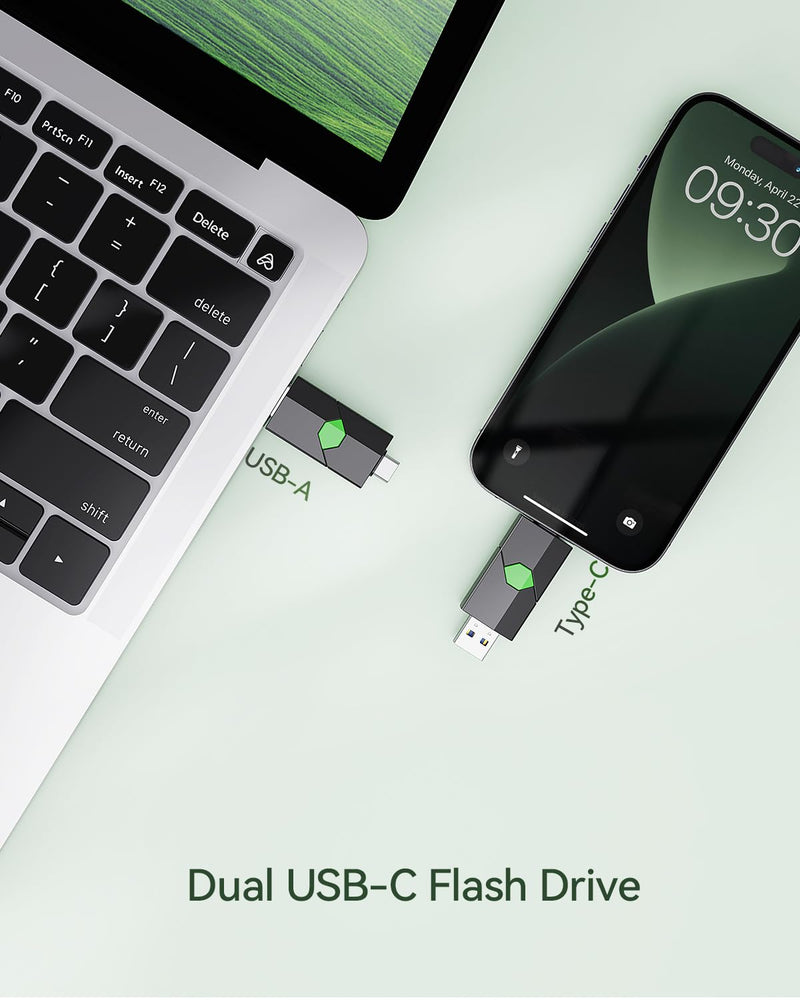 K&ZZ USB C Flash Drive 128G, USB C Thumb Dual Drive 3.0, USB Stick for Smartphones and Computers 128GB-3.0 Green