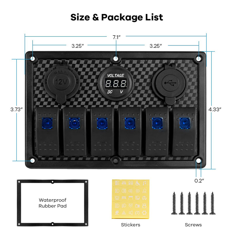 Hosyond Marine Boat Switches Panel Waterproof 12V 6 Gang Rocker Switch Panel with USB Slot Cigarette Lighter for Car RV Truck