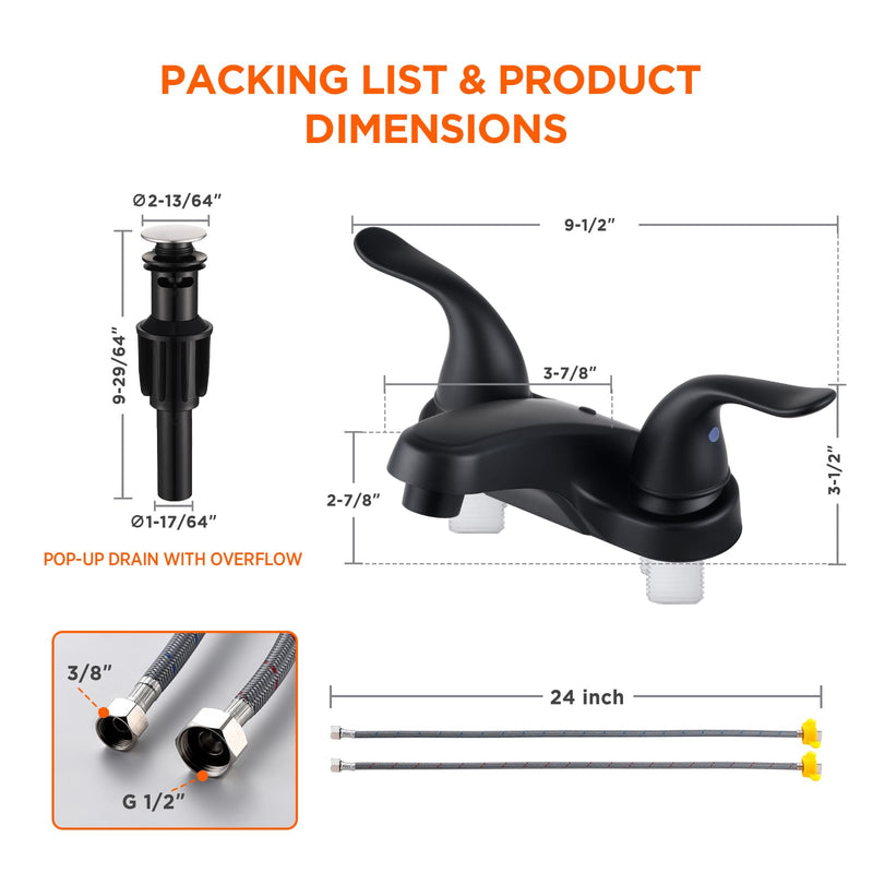 Bathroom Sink Faucets 2/3 Hole,Matte Black Dual Handles 4 inch Plastic Plating Over Bathroom Faucet with Pop-up Drain and 2 Supply Hoses for Apartment Rvs Sink Vanity Matte Black