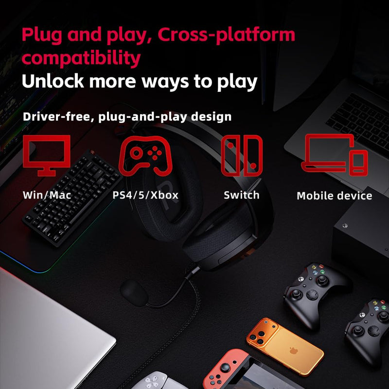 FiiO FG3 Gaming Headset, Dual Dynamic Driver USB Headphones with Detachable ENC Microphone, Virtual 7.1 Surround Sound, Hi-Res DAC, DSP EQ, Compatible with PC, PS5, Xbox & Switch Black
