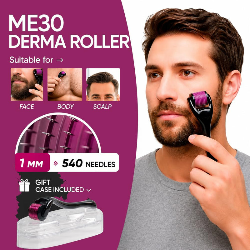 Derma Roller 0.5mm – 540 Titanium Microneedling Roller for Beard and Hair Growth for Men – Supports a Thicker, Fuller Look, Scalp Care, Skincare and Enhanced Serum Absorption at Home Routine