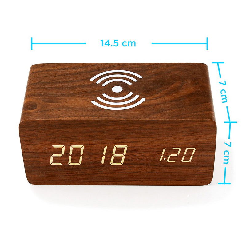 OCT17 Alarm Clock with Qi Wireless Charging Pad Compatible with iPhone Samsung Wood LED Digital Clock Sound Control Function, Time Date, Temperature Display for Bedroom Office Home- Brown
