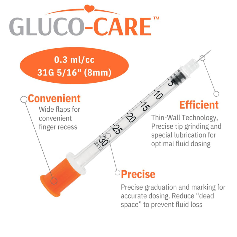 GLUCO-CARE 0.3 ml/cc Syringes 31G x 5/16’’ (8mm), Orange Cap, Box of 100 pcs 0.3ml 31G 5/16"