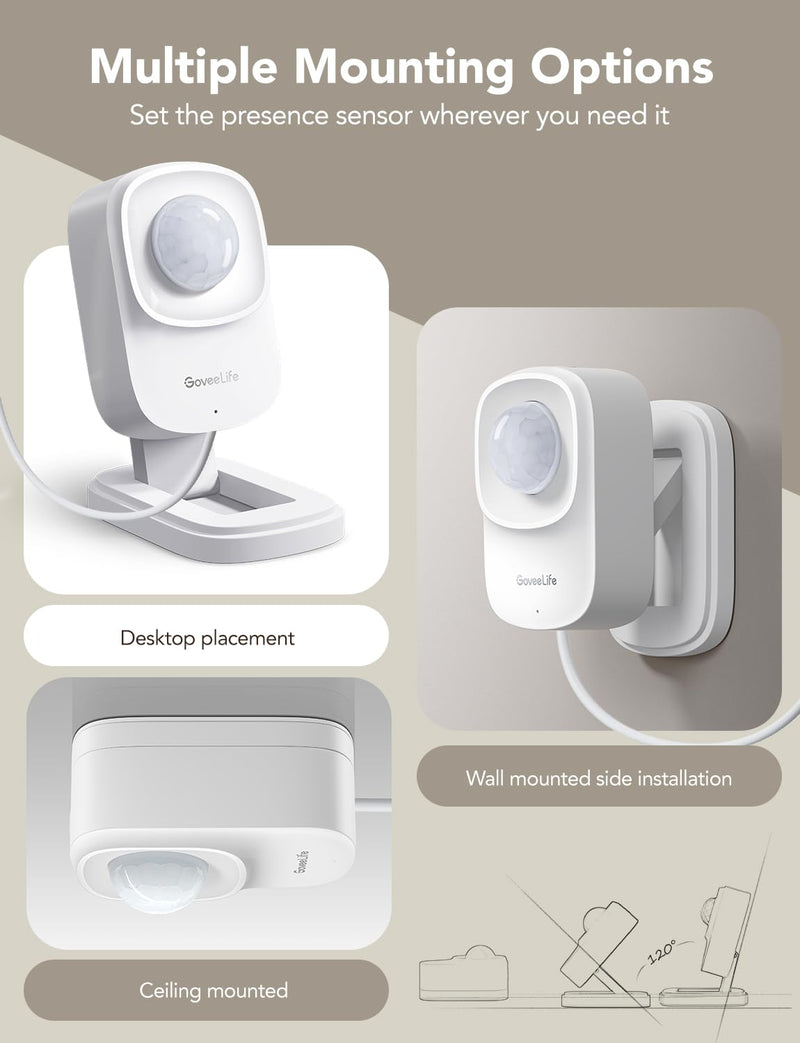 GoveeLife Human Presence Sensor, 2.4 GHz Wi-Fi Required, Smart mmWave Radar & PIR Wired Motion Sensor, Zone Positioning, Multi-Person Detection, Support Alexa & Google Home, for Indoor Home Automation