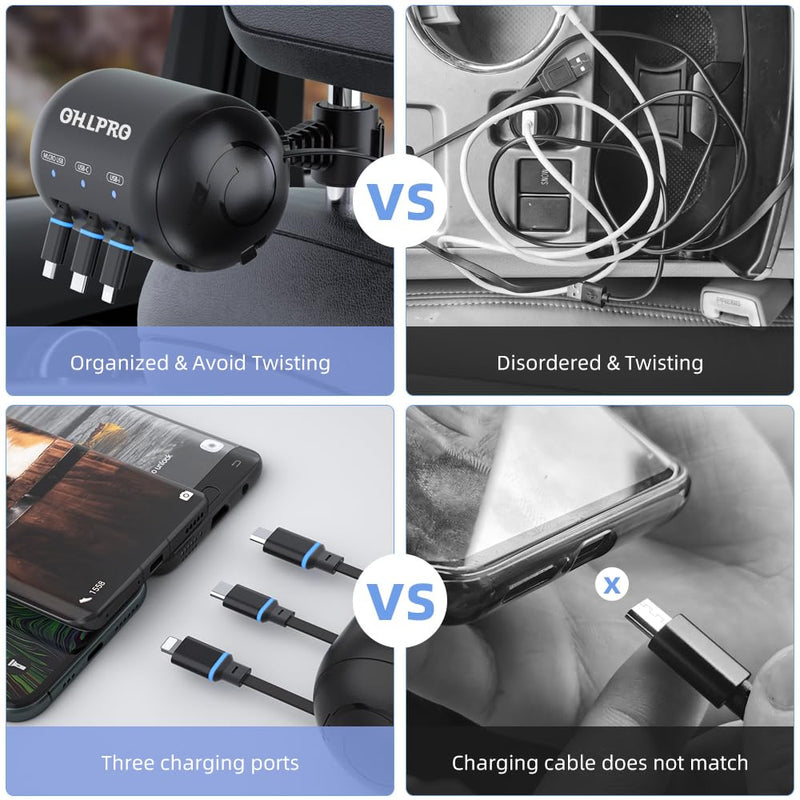 OHLPRO Multi Car Retractable Backseat 3 in 1 Car Charging Station Box Compatible with All Phones | iPhone | Samsung | Uber Taxi Lyft Turo Ride Share Customer Charging Dock Attach to Headrest 2 Pack | 3-IN-1 Charging Station