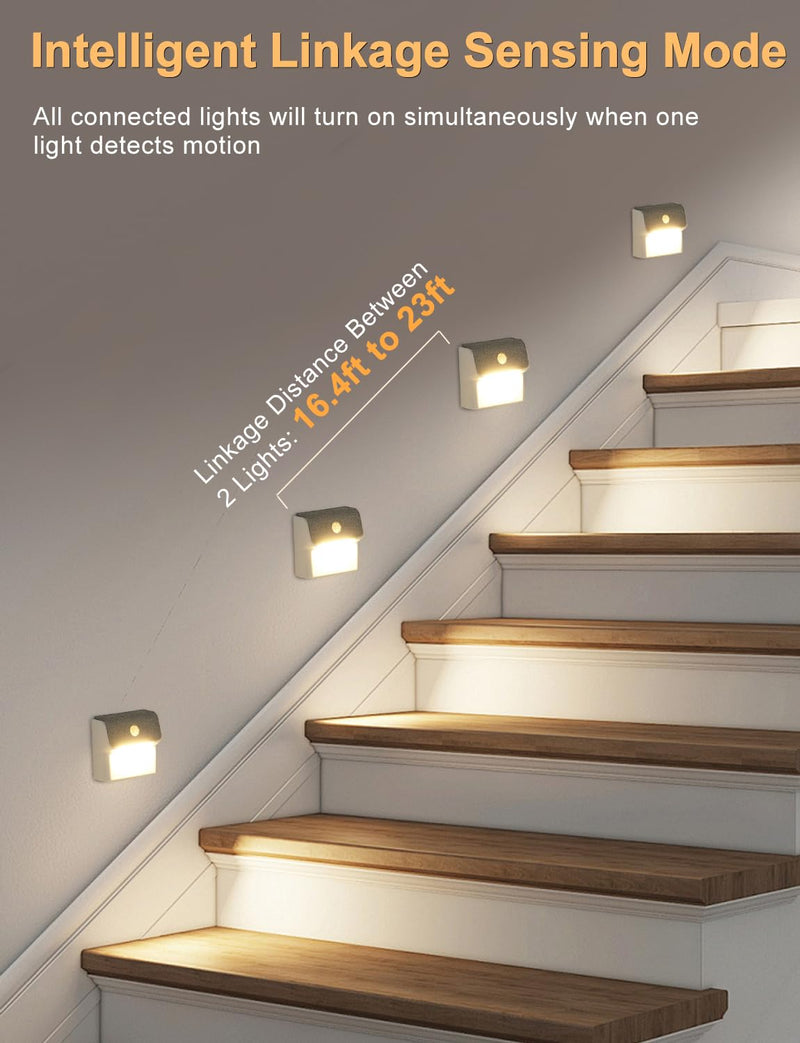 Linkage Stair Lights Motion Sensor Indoor, Magnetic Stick-On LED Wall Light, Dimmable Warm White Light, Rechargeable Motion Activated Light, for Hallway, Bedroom, Stairs, Kitchen 3 Pack
