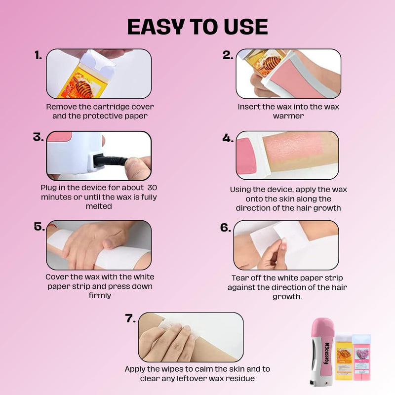 Roll On Wax Kit for Women & Men, At Home Waxing Kit with Wax Warmer, 2 Honey & Rose Roller Cartridges, 100 Wax Strips, 10 Wipes, Hair Removal for Legs Arms Bikini, Sensitive Skin Pink