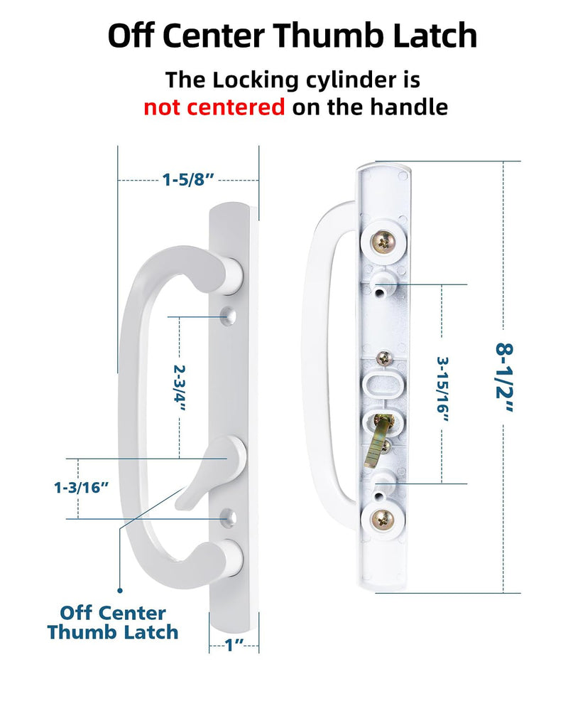 Offset Position Non-Keyed Sliding Patio Door Handleset, 45° Keyway 3-15/16" H.C., Fits 1-3/8" to 2-1/4" Thick Doors, White Diecast with Mortise Lock｜Off Center Thumb Latch Non Keyed-With Latch Lock+Keeper