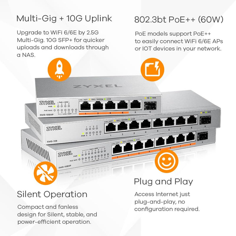 Zyxel 5-Port 2.5G Multi-Gig Unmanaged Switch | 1 x 10G SFP+ | Desktop or Wall Mount [XMG-105] 5-Port | 1x SFP+