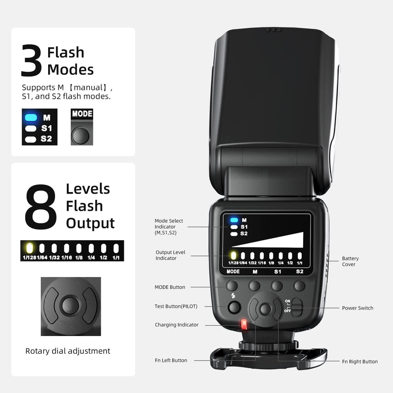 PHOTOOLEX Camera Flash Speedlite FK300, GN33, Manual S1/S2 Wireless | Universal single-contact hot shoe for Canon Nikon Sony Fujifilm Olympus. 8-level power. Metal mount