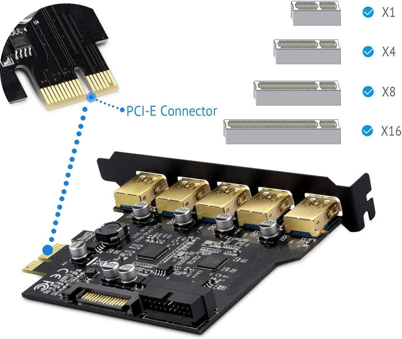 USB 3.0 PCI-E Card,USB 3.2 Gen1PCI Express 5-Ports Card Bandwidth up to 5 Gbps, Extension of 5 USB 3.0 Ports Front Panel for Desktop PC Win 10/8/8.1/7/XP PCI-E to 5USB