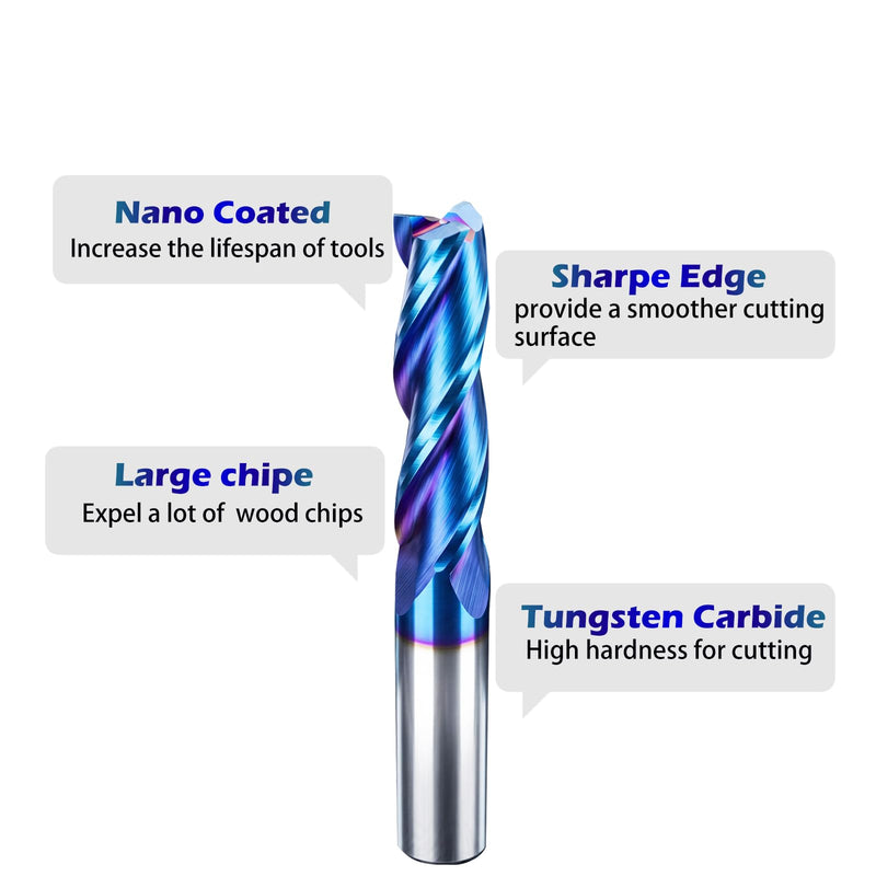 VIC034 CNC Router Bits 3 Fluter Up Cut 1/2 inch Shank 4 inch Total Length with Nano Blue Coating Solid Carbide Square End Mill for Wood Mortises Carving （Up Cut, 1/2S*1/2D*2CL*4OVL