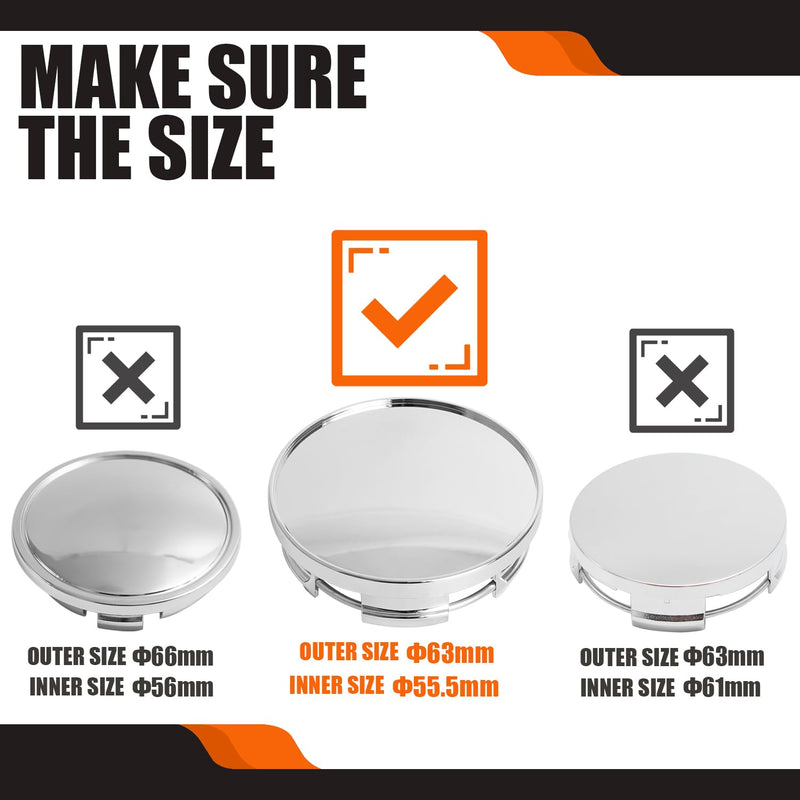 2.5Inch 63MM Wheel Center Caps for Dodge RAM 1500 Rim Hub Caps 6KF18TRMAA, Pack of 4 (Chrome, Outer 63MM, Inner 56MM, Easy DIY Installation) Outer 63.0MM , Inner 55.5MM Chrome