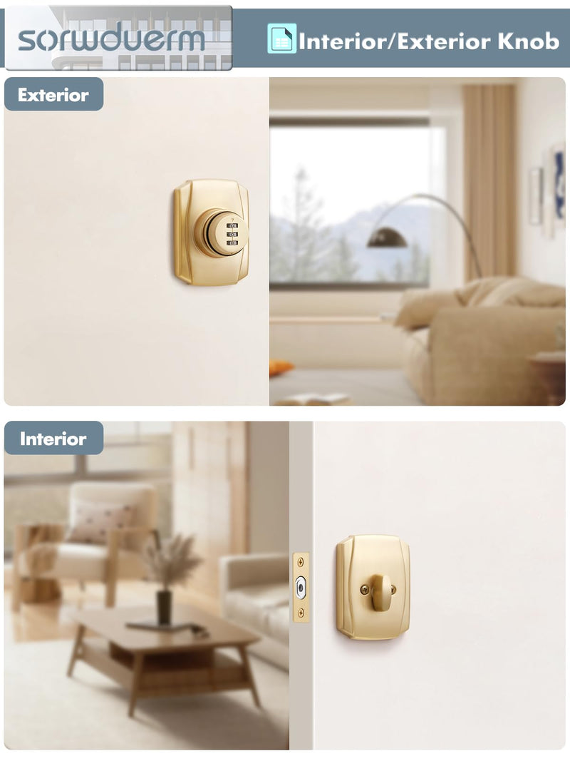 1 Pack Gold Password Single Brushed Satin Brass Cylinder Deadbolt Lock Keyless Passcode Handleset Front Entry Interior Exterior Door Deadbolts Deadbolt-Password