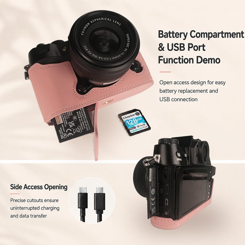 Bowan X-T50 Camera Case, Handmade Genuine Real Leather Half Camera Case Bag Cover for Fujifilm X-T50 Camera Bottom Opening Version + Hand Strap (Pink) Pink