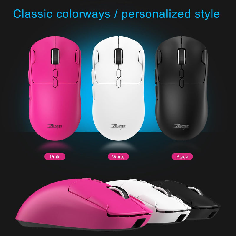 zelotes Gaming Wireless Mouse, Bluetooth Rechargeable with 9 Programmable Buttons,Ultra-Light 60g, 24,000 DPI, BT/USB 2.4G / Type-C, Ergonomic Optical Mouse for Laptop, PC,Office and Gamers (Black) Black