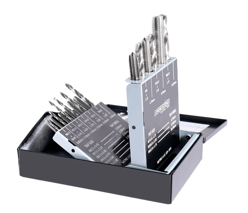 Accusize Industrial Tools HSS Tap and Drill Set, Metric, 18 Pc, 0001-0052 | 18 Pc HSS Tap and Drill Set, Metric, Taps: M2.5x0.45 to M12x1.75, Drills: 2.05 to 10.20 mm, Fully Ground