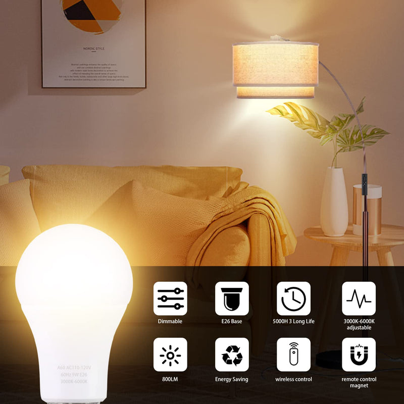 A19 LED Light Bulbs with Remote Control 1100LM 12W (80W Equivalent) LED Bulbs,Stepless Dimmable 3000K-6000K,E26 Base,CRI 80+,2.4GHz,Light Bulb for Home Decor,2Bulb&1Remote